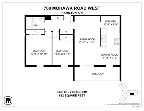 A floor plan for a home at 760 Mohawk Road West in Hamilton, ON, showing the layout of the bedrooms, living room, kitchen, dining room, and balcony.